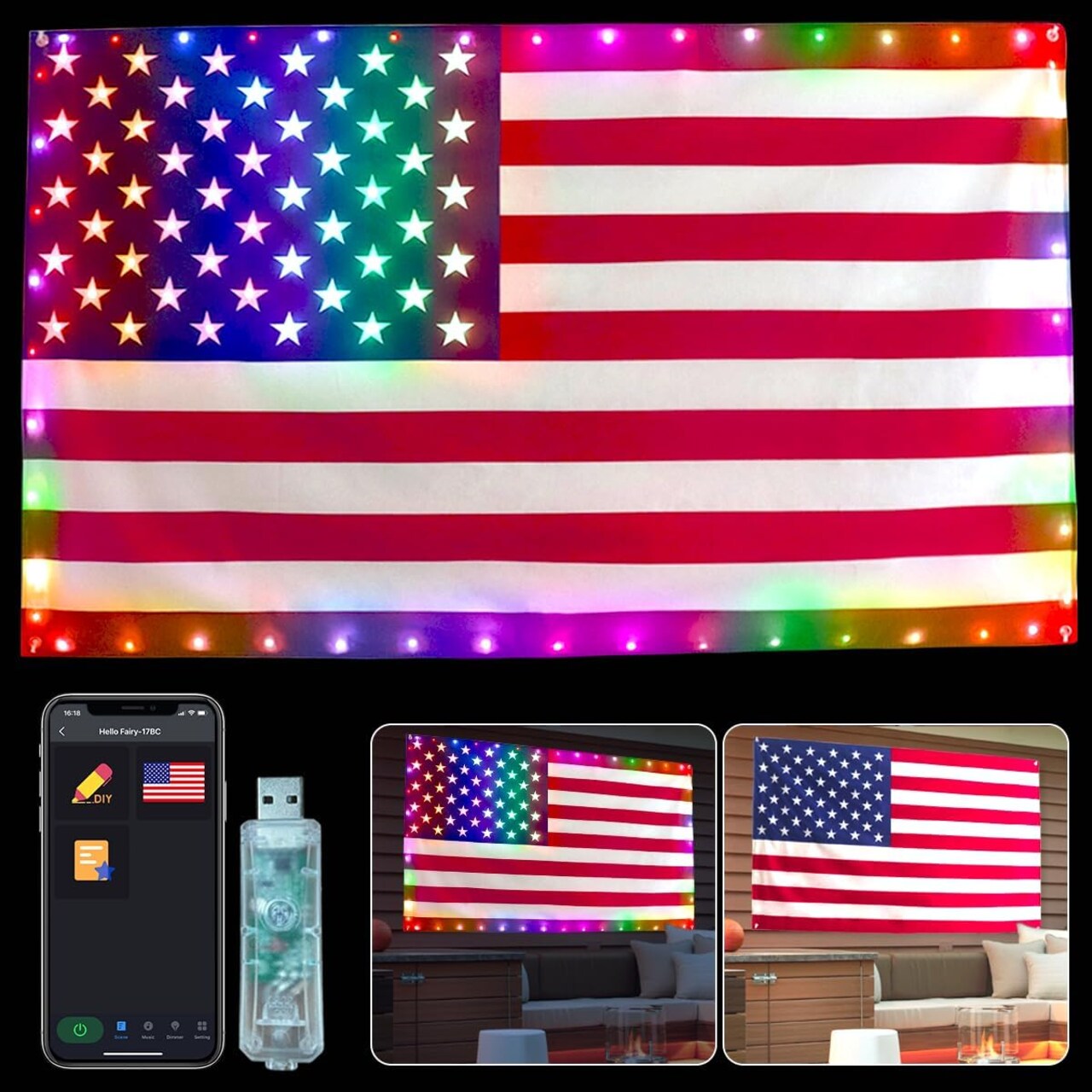 Smart Lighted American Flag, App Control 4th of July Decorations 3x5 FT Flag Lights DIY Color, Music Sync LED Light Up Patriotic Flags for Wall Bedroom, Memorial Day, Independence Day, Veterans Day